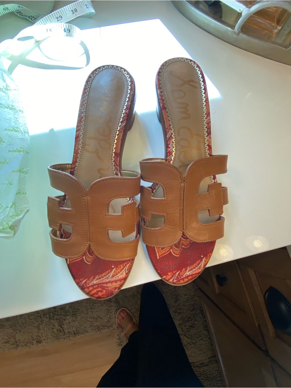 Sam Edelman Tan Leather Slide Mules with Red Patterned Insole